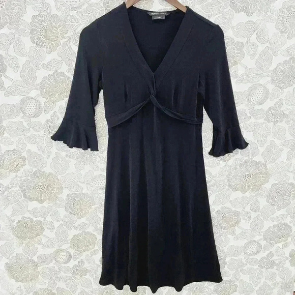 BCBGMaxAzria Fit & Flare Mini Dress S V neck Flare Cuffs Black Unlined - Picture 1 of 8